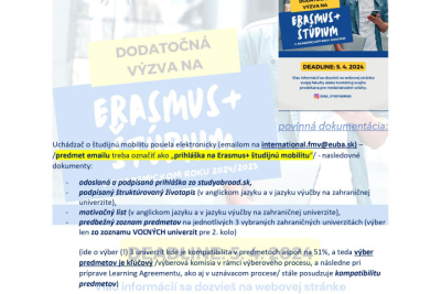 2. kolo výberového konania na Erasmus+ študijnú mobilitu v AR 2024/25. 